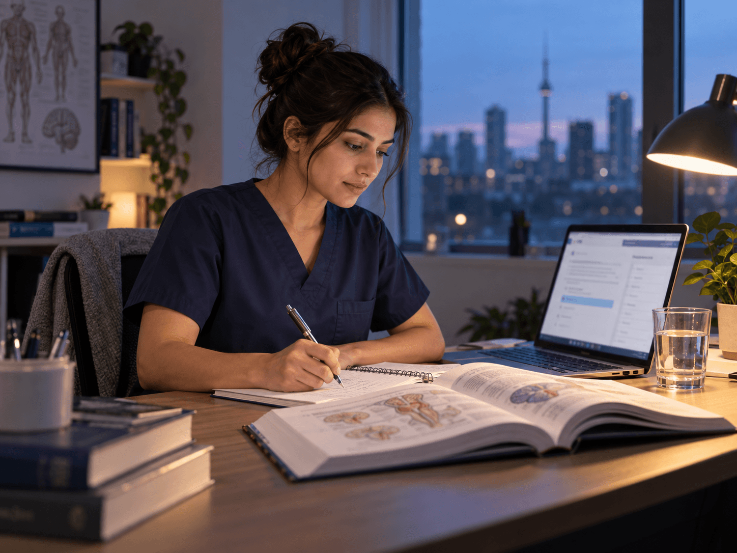 Medical graduate studying with a laptop and open reference book in the evening