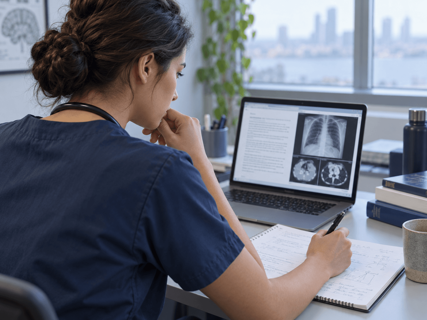 Medical graduate reviewing a clinical case and study notes