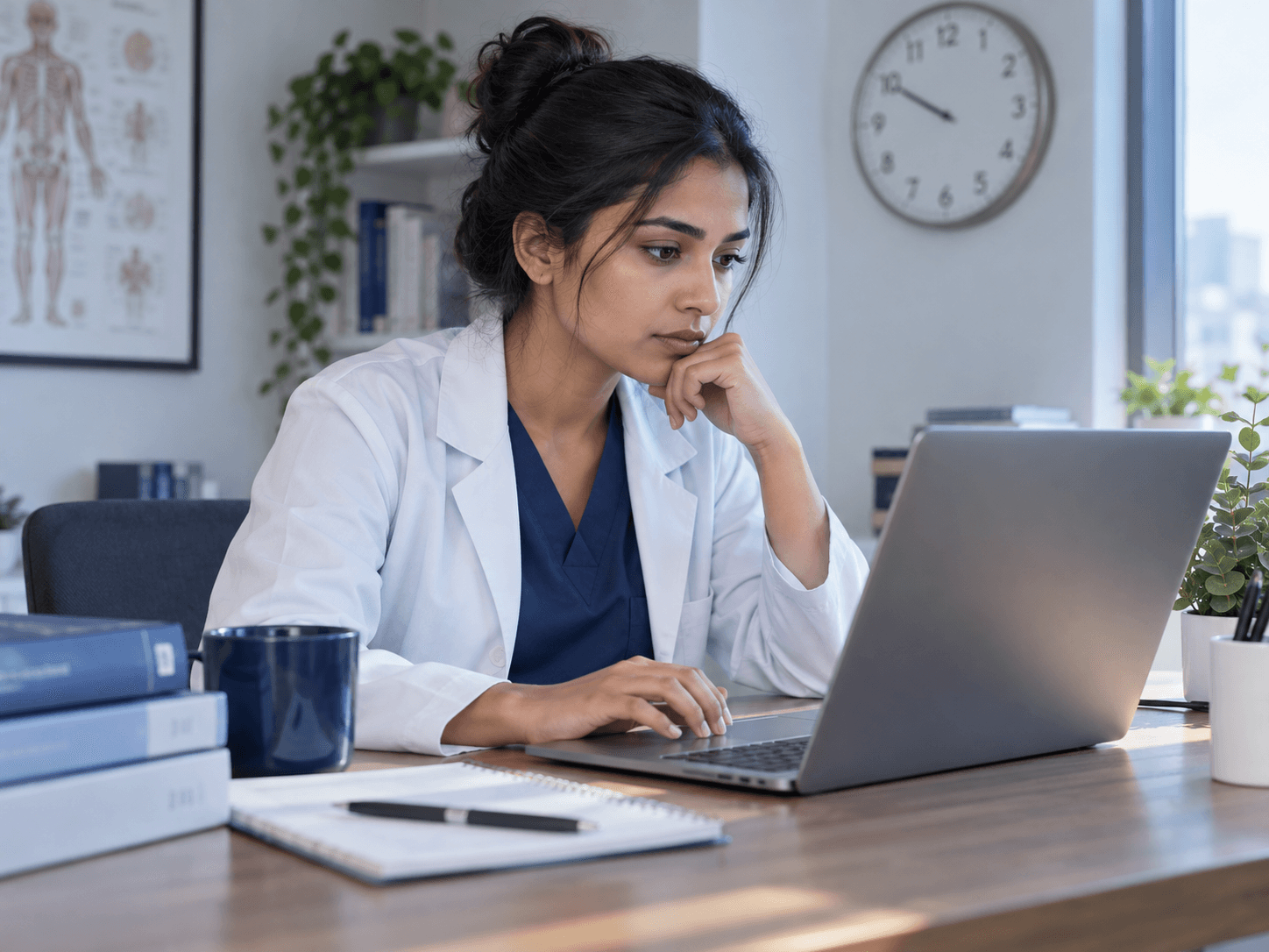 Medical graduate completing a timed practice exam at a laptop